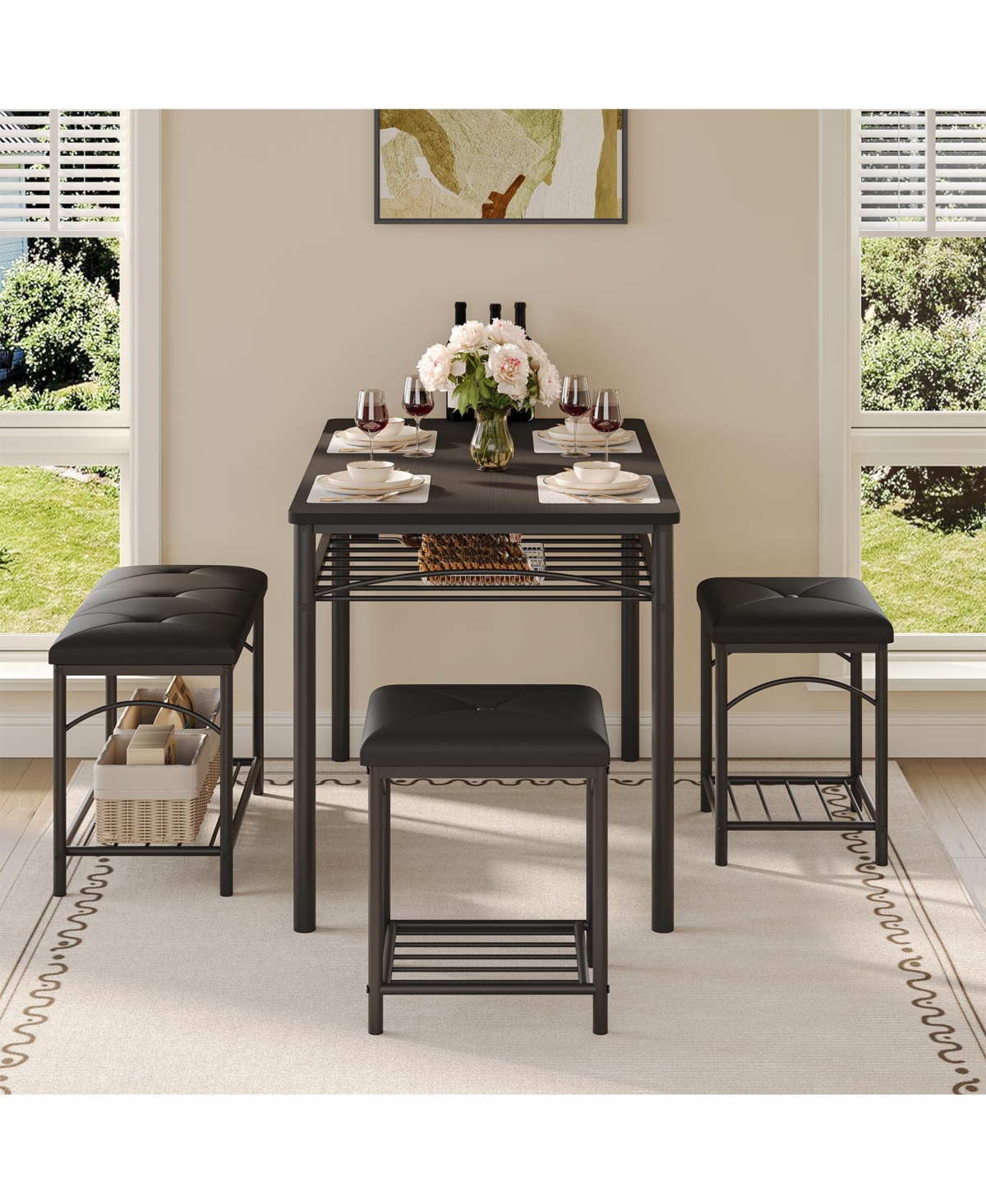 homfan Modern 4-Person Dining Table Set, Space-Saving Kitchen with Upholstered Benches, Wood and Metal Set for Apartments, Studios
