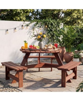 6 Person Wooden Outdoor Picnic Table with 3 Built-in Benches, Circular Dining Table and Chairs Set with Umbrella Hole for Garden