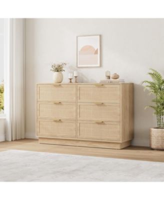6 Drawer Rattan Dresser for Bedroom, Natural Wood Chest of Drawers with Integrated Legs, Rattan Dresser for Hallway, Entryway