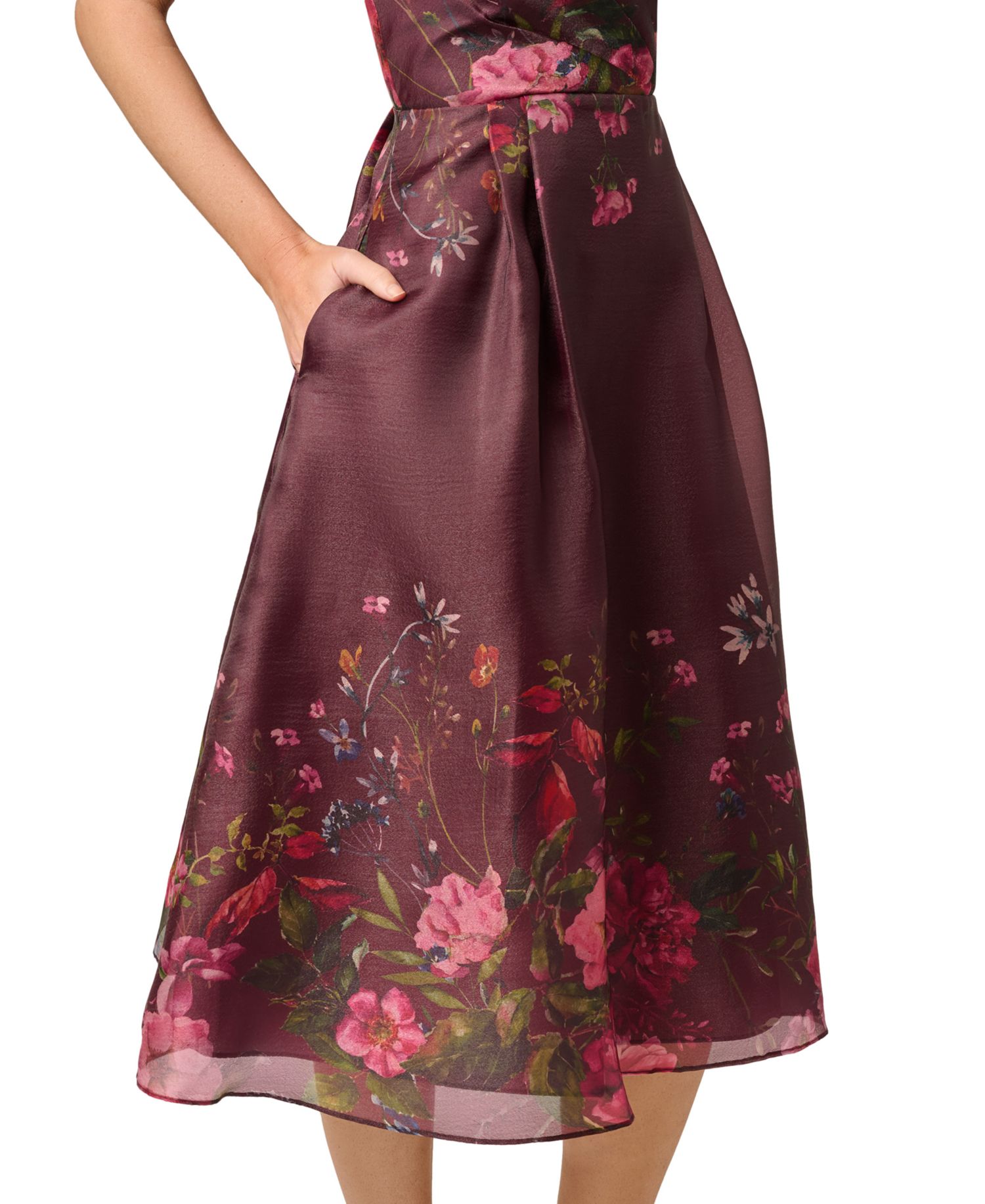 Women's V-Neck Printed Organza Midi Dress
