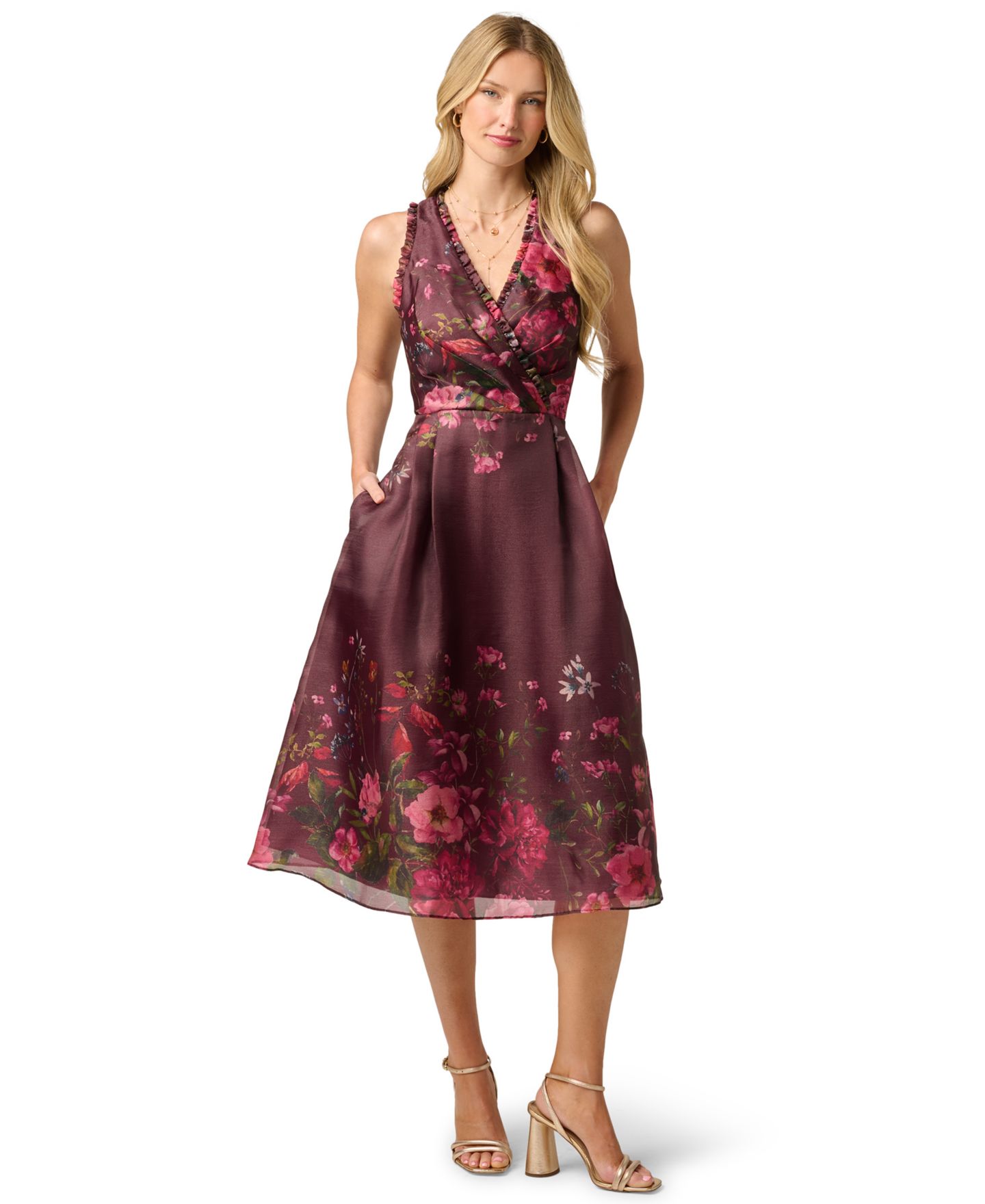 Женское платье Adrianna Papell V-Neck Printed Organza Midi, цвет: Бордовый — фото 2