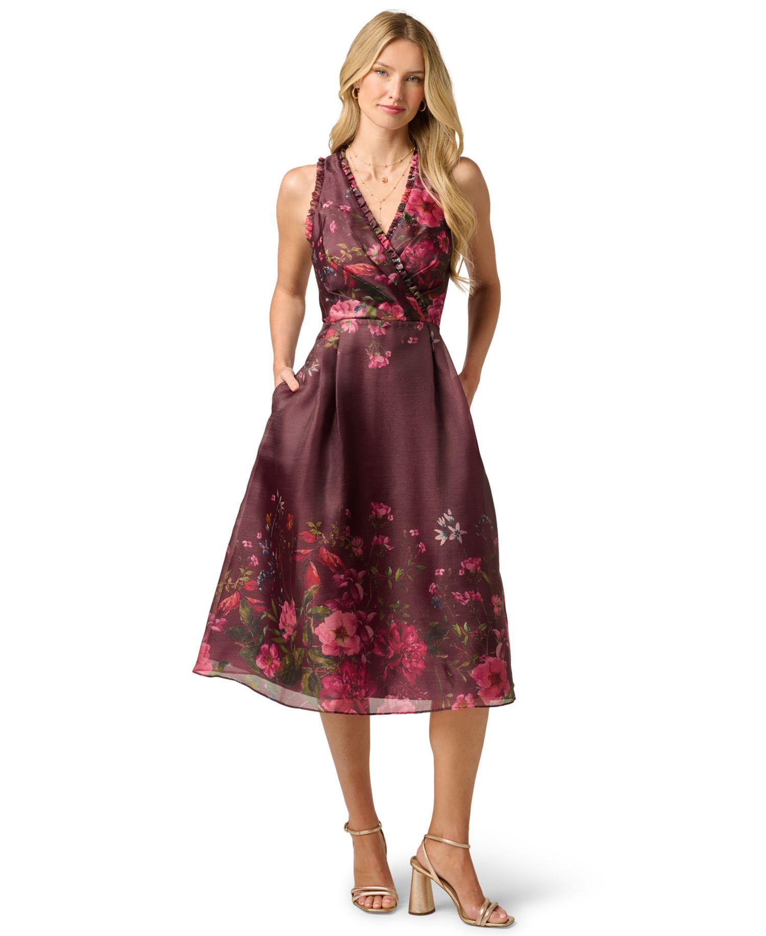 Women's V-Neck Printed Organza Midi Dress