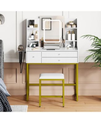Wood Makeup Vanity Table with Lighted Mirror and Stool Set, Small Dressing Desk with 3 Drawers and 4 Storage Shelves, Modern Bedroom Vanity Set