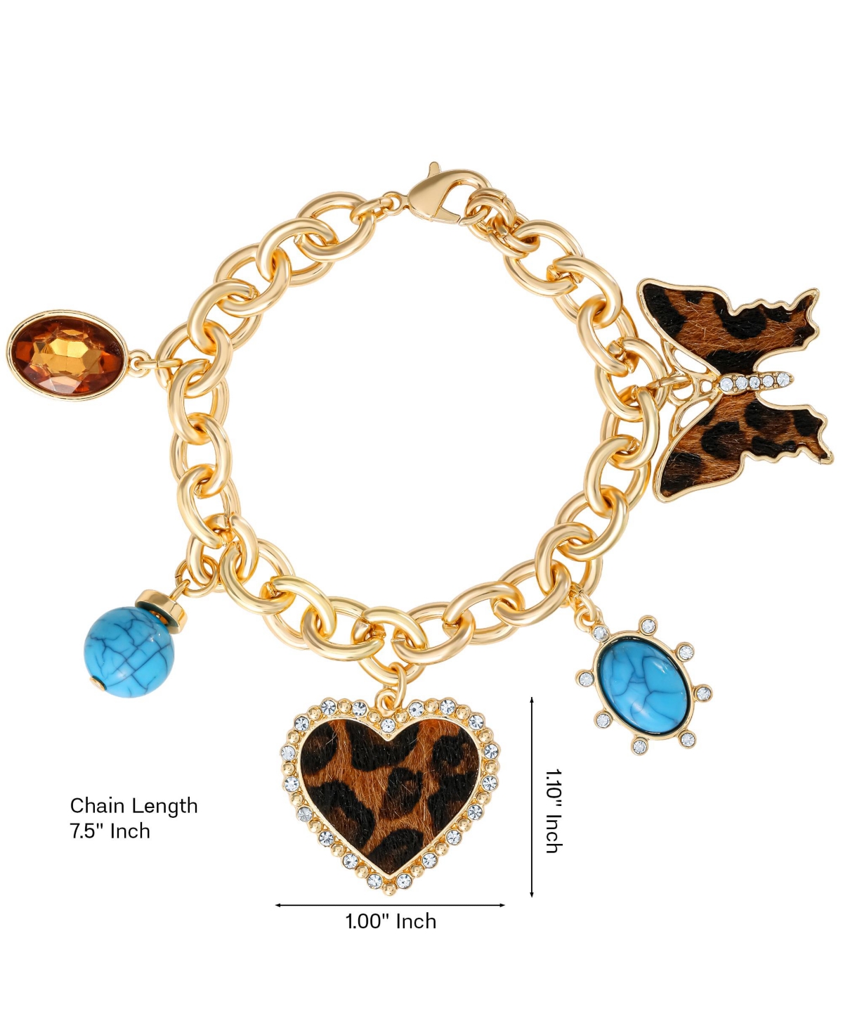 Jessica Simpson Crystal and Cheetah-Print Butterfly and Heart Charm Bracelet for Women 7.5inch, 5 Charms