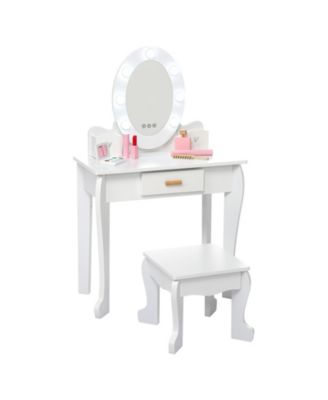 Lighted Mirror Kids Vanity Table and Chair Set - Wooden Princess Makeup Dressing Table with Stool - Pretend Play with Storage Drawer