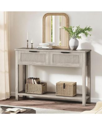 Entryway Table with 2 Drawers, Farmhouse 43 Inch Wood Fluted Console Table with Shelf, 2 Tier Sofa Table with Storage for Living Room