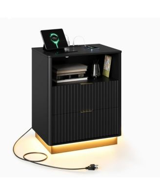 Fluted Nightstand with Charging Station, Wooden Night Stand with LED Light, Modern Mid Century Bedside End Table with 2 Drawers