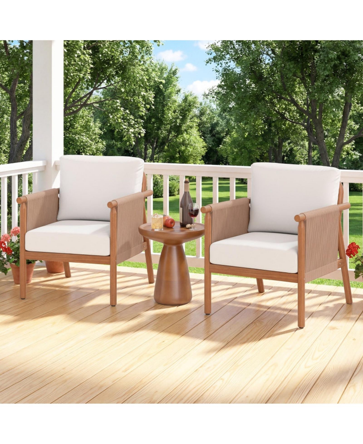 Sugift Set of 2 Acacia Wood Patio Chairs with Woven Rope Armrests and Seat Back Cushions