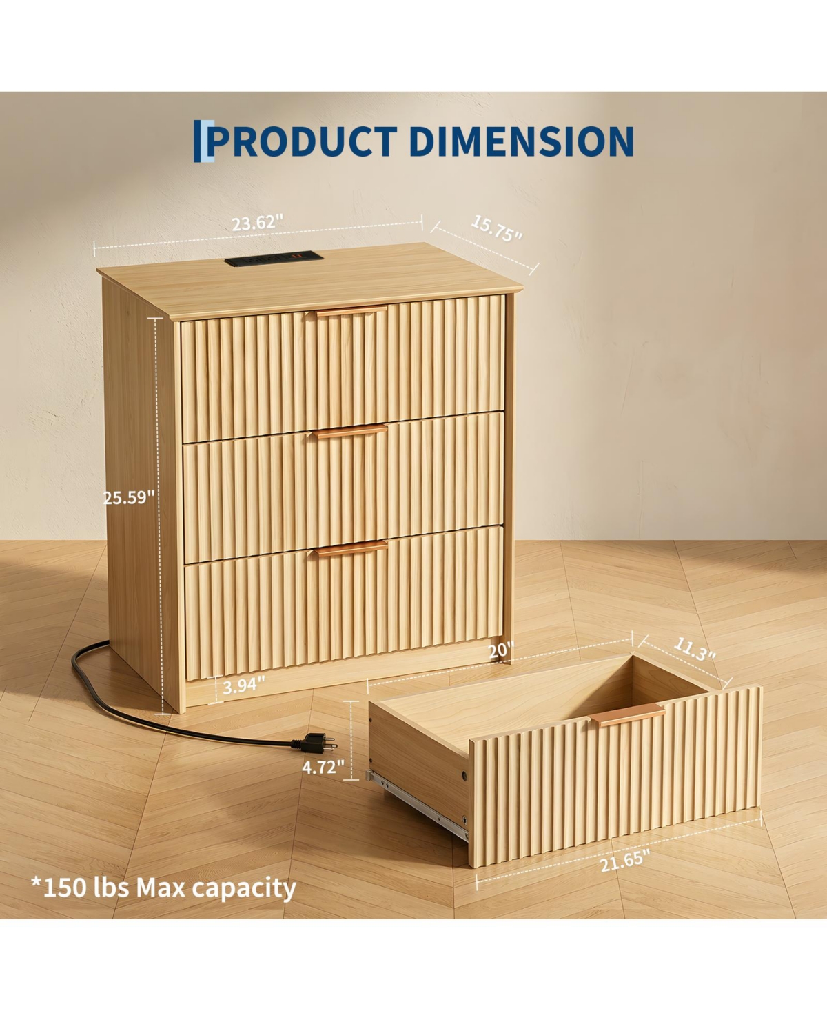 gaomon Wavy-Patterned Three-Drawer Nightstand with Usb Port and Power Outlet-a Compact Dressing Table for the Bedroom or Living Room