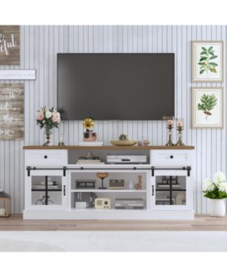 Farmhouse TV Stand for 75 Inch TVs Entertainment Center, Storage Drawers, Adjustable Shelves, Barn Doors, LED Lights, Media Console