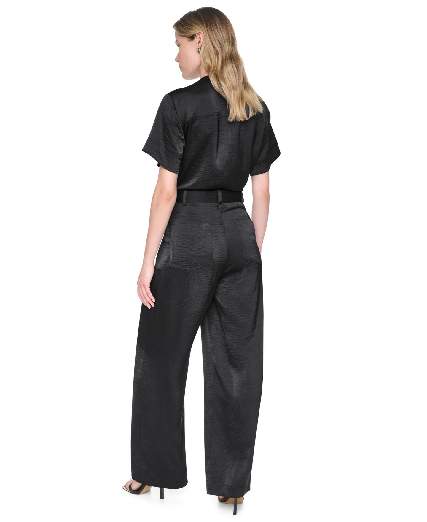 Женский комбинезон DKNY Collared Short-Sleeve Button-Front Jumpsuit, цвет: Чёрный — фото 5