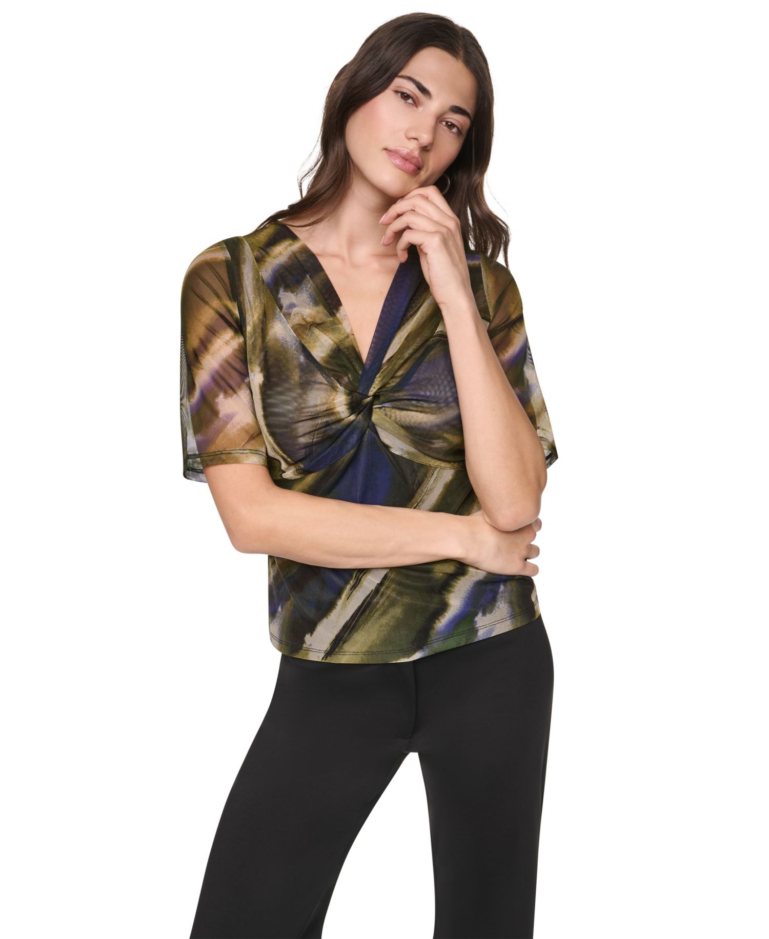 Women's Printed Mesh Twist-Front V-Neck Top