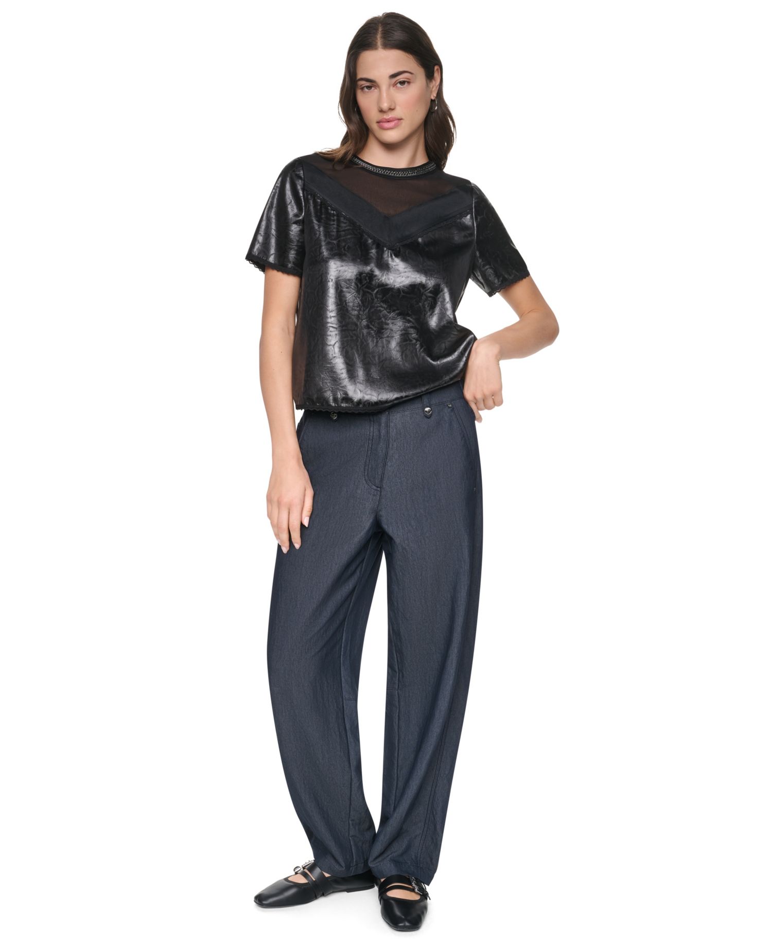 Women's Chain Neck Short-Sleeve Mixed Media Top