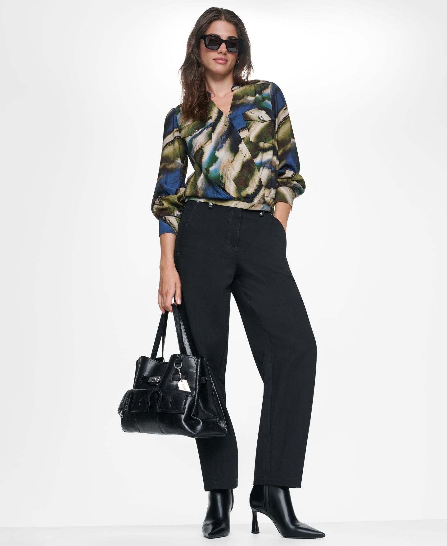 Женская блузка DKNY Printed Surplice V-Neck Long-Sleeve Voile Blouse, цвет: Brushed Riverside — фото 6