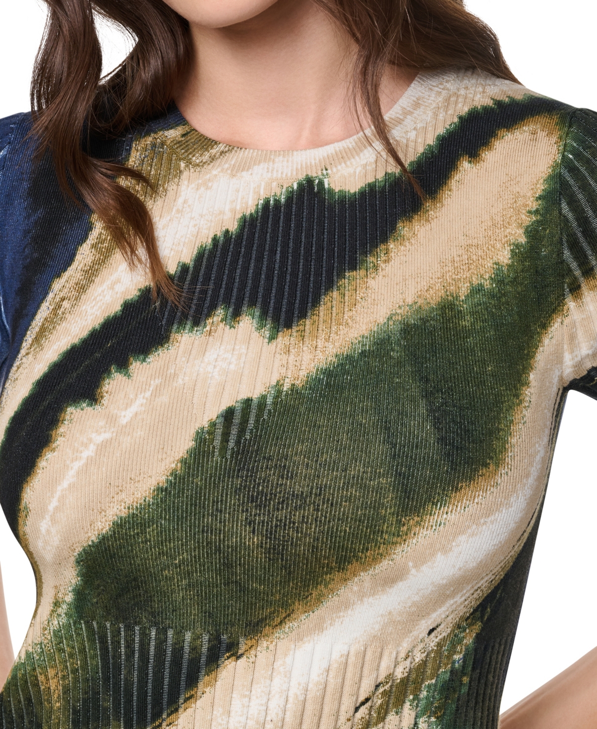 Dkny Women's Printed Rib Knit Crewneck Short-Sleeve Sweater