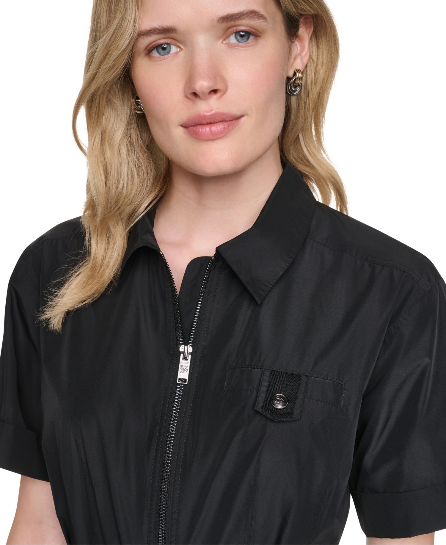 Women's Collared Short-Sleeve Removable Belt Midi Dress