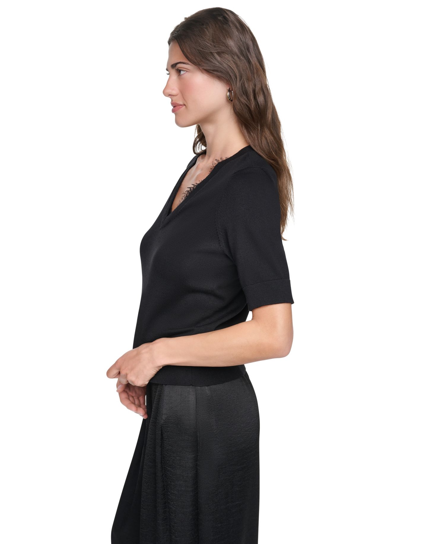 Women's Lace Trim Crewneck Short-Sleeve Cotton Sweater