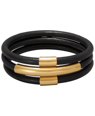 3-Piece Black Leather Gold-Tone Bangle Set
