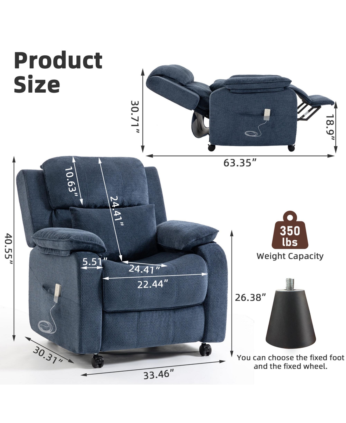 Dyhome Power Recliner Chair with Chenille Upholstery and Lumbar Pillow