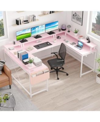 U-Shaped Reversible Office Desk with Power Outlets, RGB LED Lights, Monitor Stand, Storage Shelves, Large Corner Computer Table for Home Office