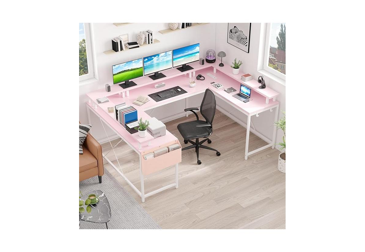 homfan U-Shaped Reversible Office Desk with Power Outlets, Rgb Led Lights, Monitor Stand, Storage Shelves, Large Corner Computer Table for Home Office