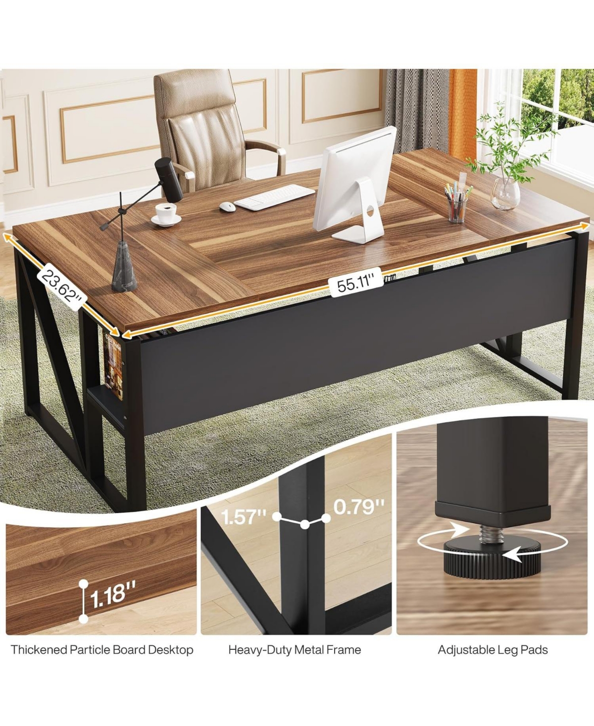 Tribesigns 63" Computer Desk with Bottom Storage Shelf:Home office writing table for workstation. Dark Walnut Plus steel legs.(Cabinet not included)