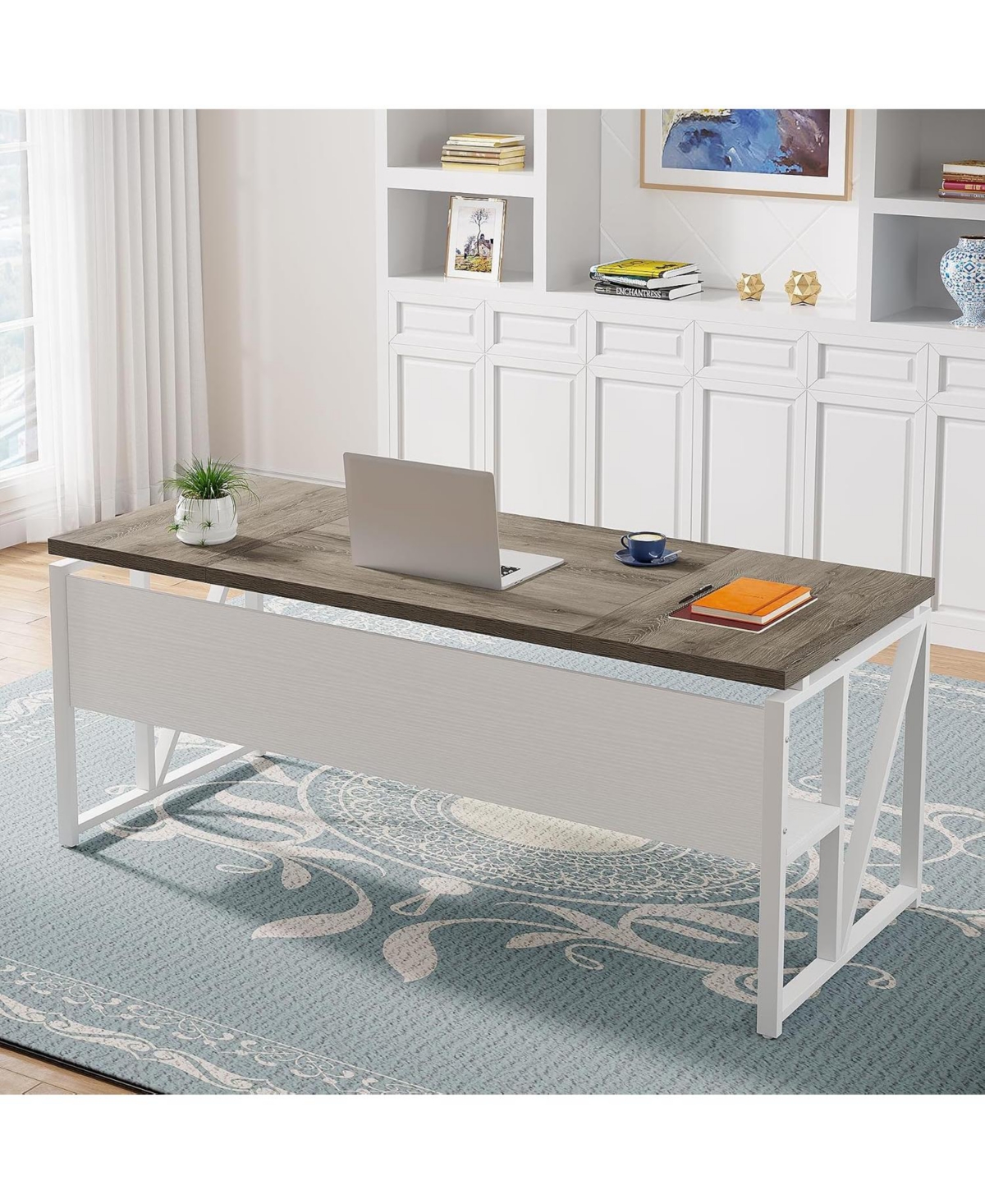 Tribesigns 63" Computer Desk with Bottom Shelf: Home office writing table for workstation. Dark Walnut Plus steel legs. (Cabinet not included)