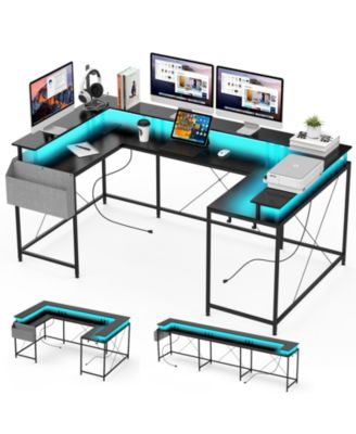 U-Shaped Reversible Office Desk with Power Outlets, RGB LED Lights, Monitor Stand, Storage Shelves, Large Corner Computer Table for Home Office