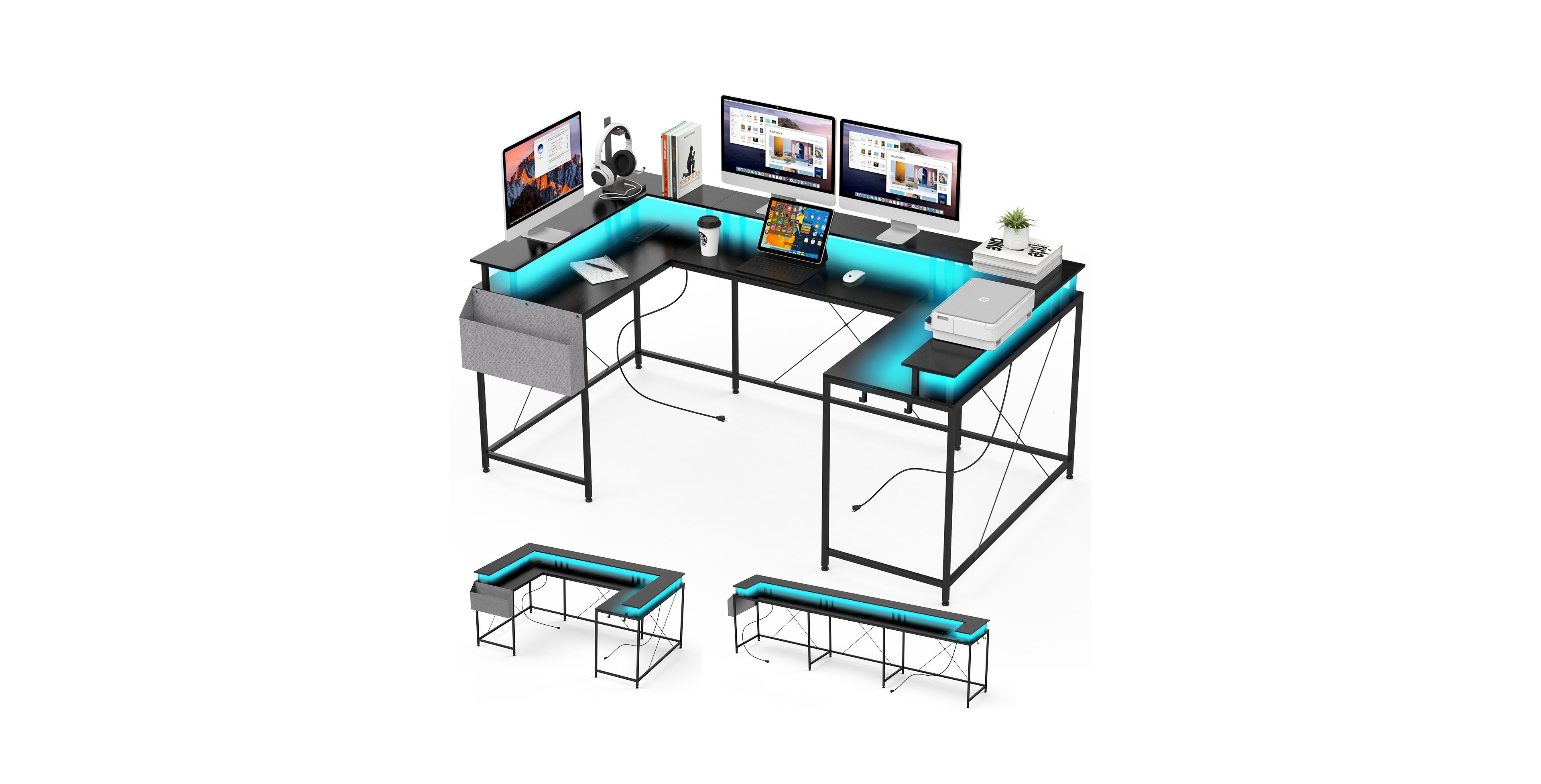 homfan U-Shaped Reversible Office Desk with Power Outlets, Rgb Led Lights, Monitor Stand, Storage Shelves, Large Corner Computer Table for Home