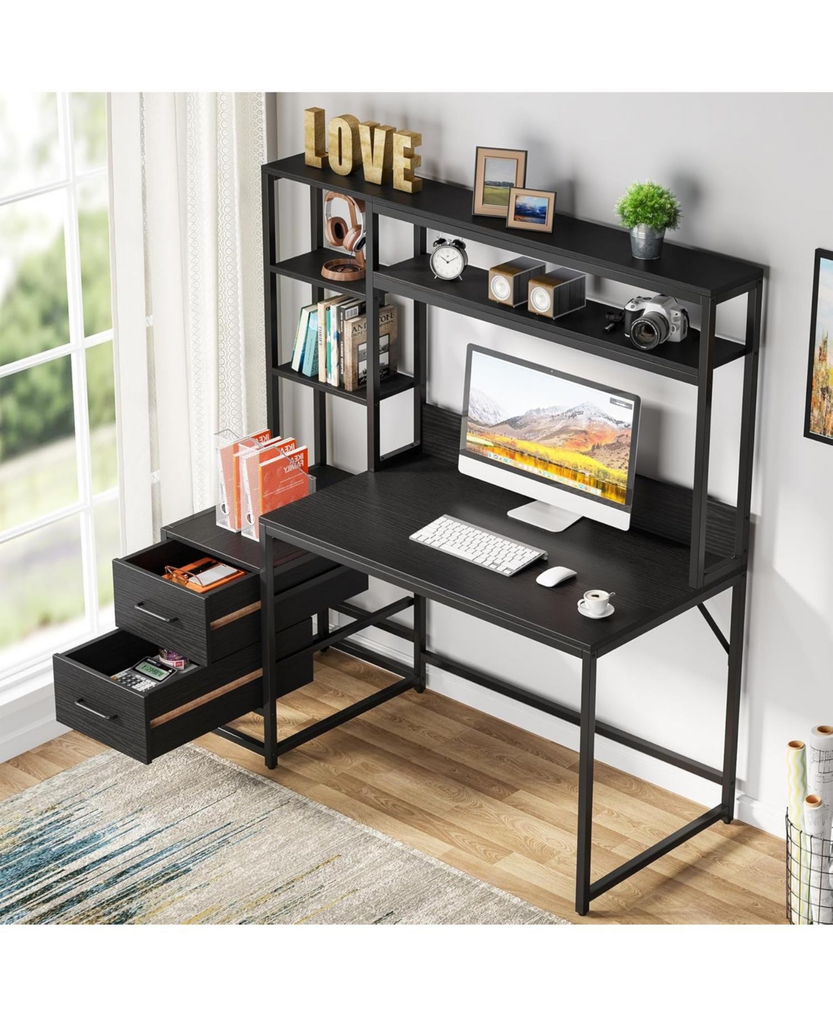 Tribesigns 55" Computer Desk with 2 Drawers: Rustic office desk with hutch and shelves. Workstation for home office