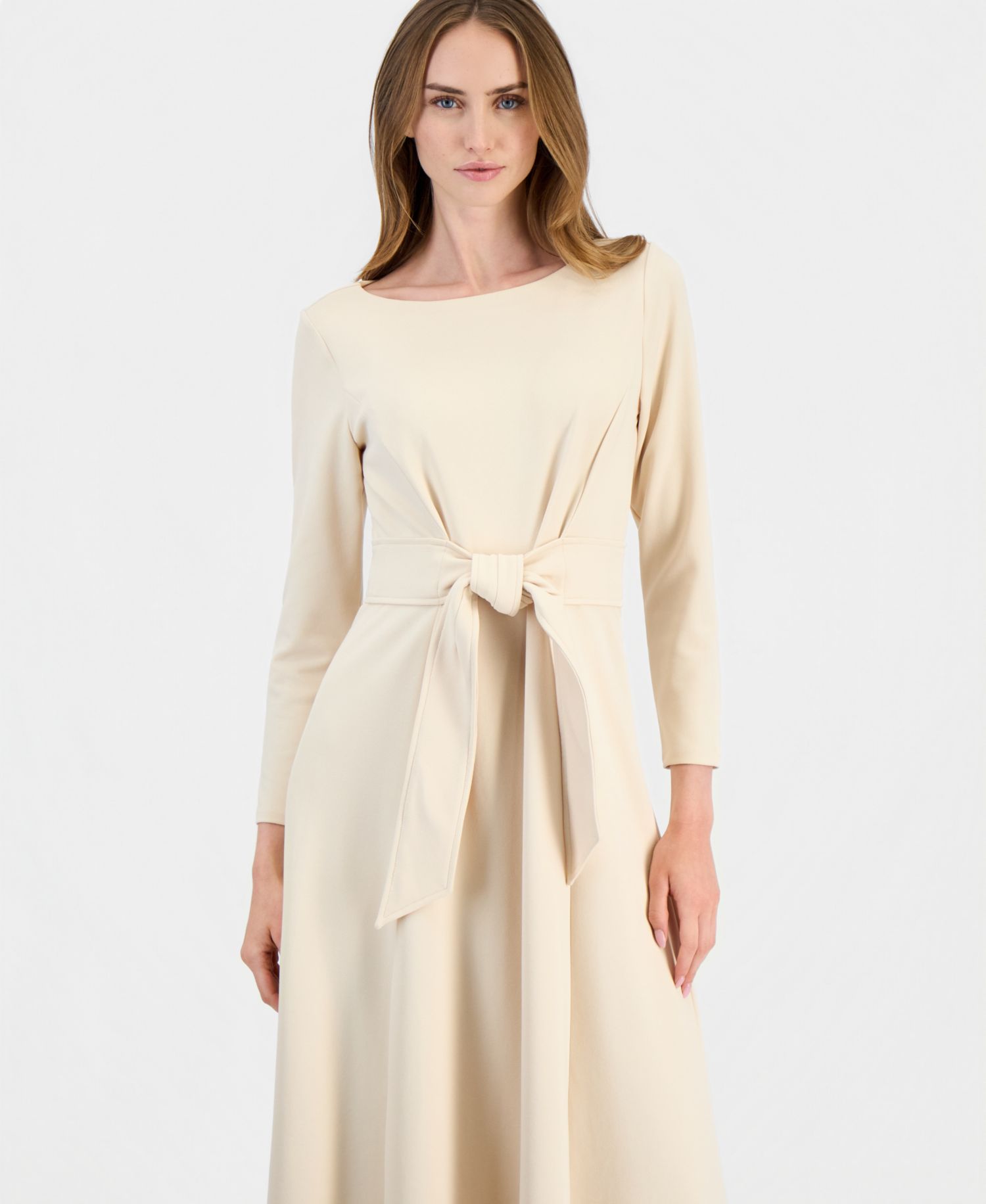 Women's Boat-Neck Tie-Waist A-Line Midi Dress