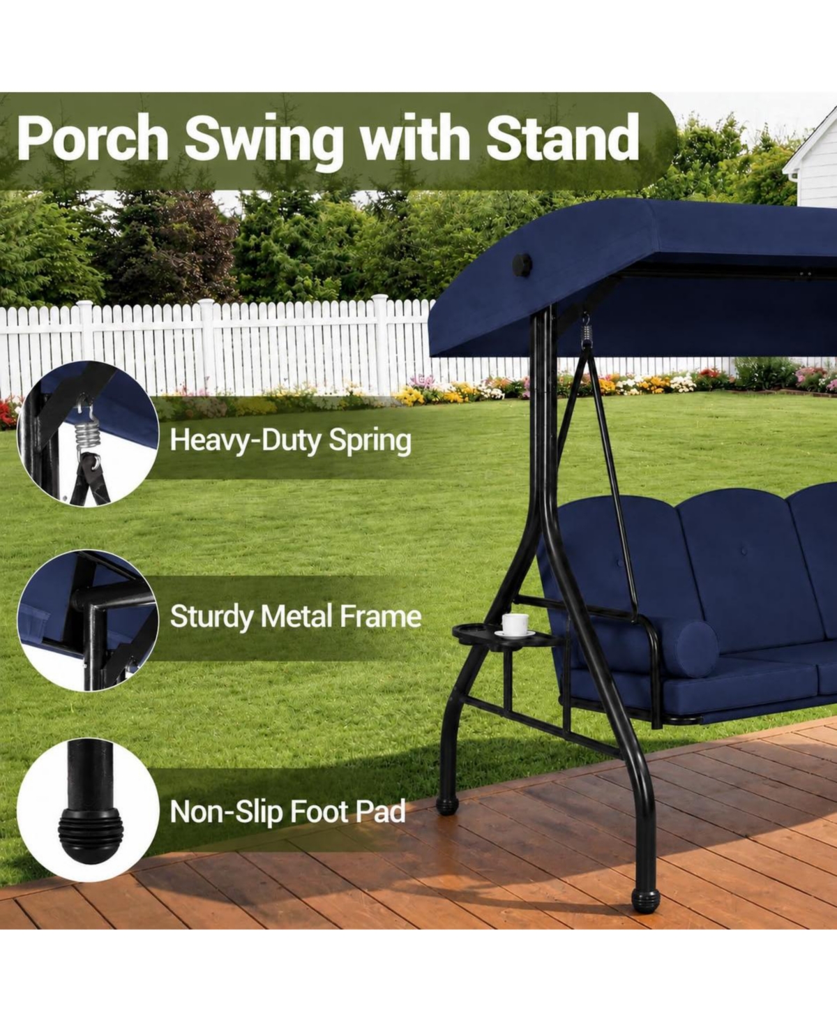 GarveeLife Outdoor Patio Swing Chair, 3 Seat Porch with Canopy, Heavy Duty Steel Frame Garden Bench, Cushioned Hanging