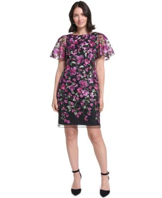 Women's Petite Boat-Neck Floral Flared Dress