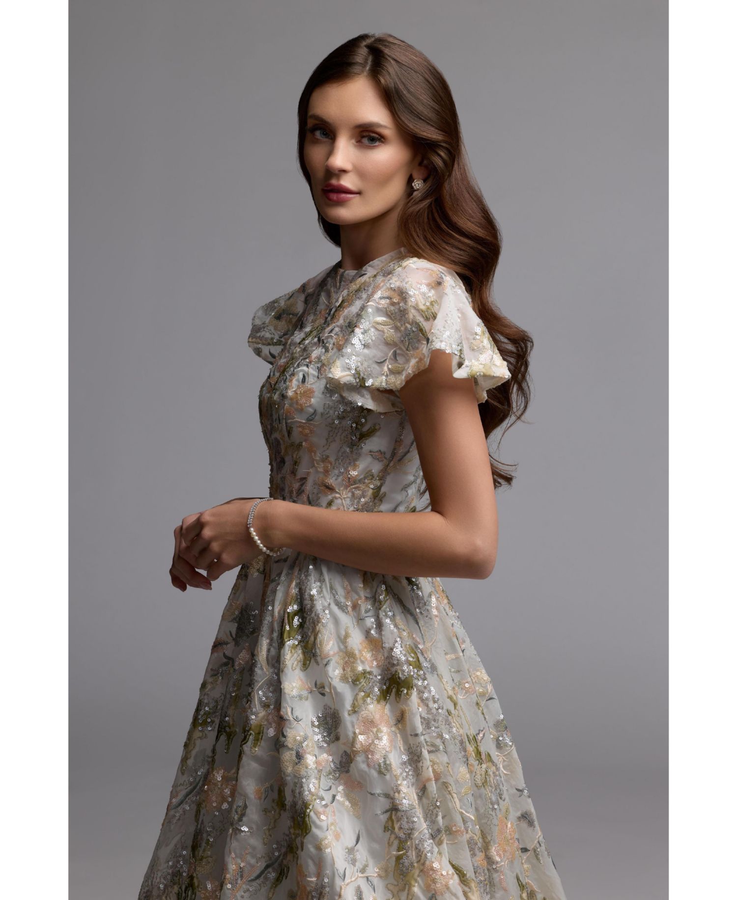 Women's Multicolor Flutter Sleeve Sequin A-Line Midi Dress