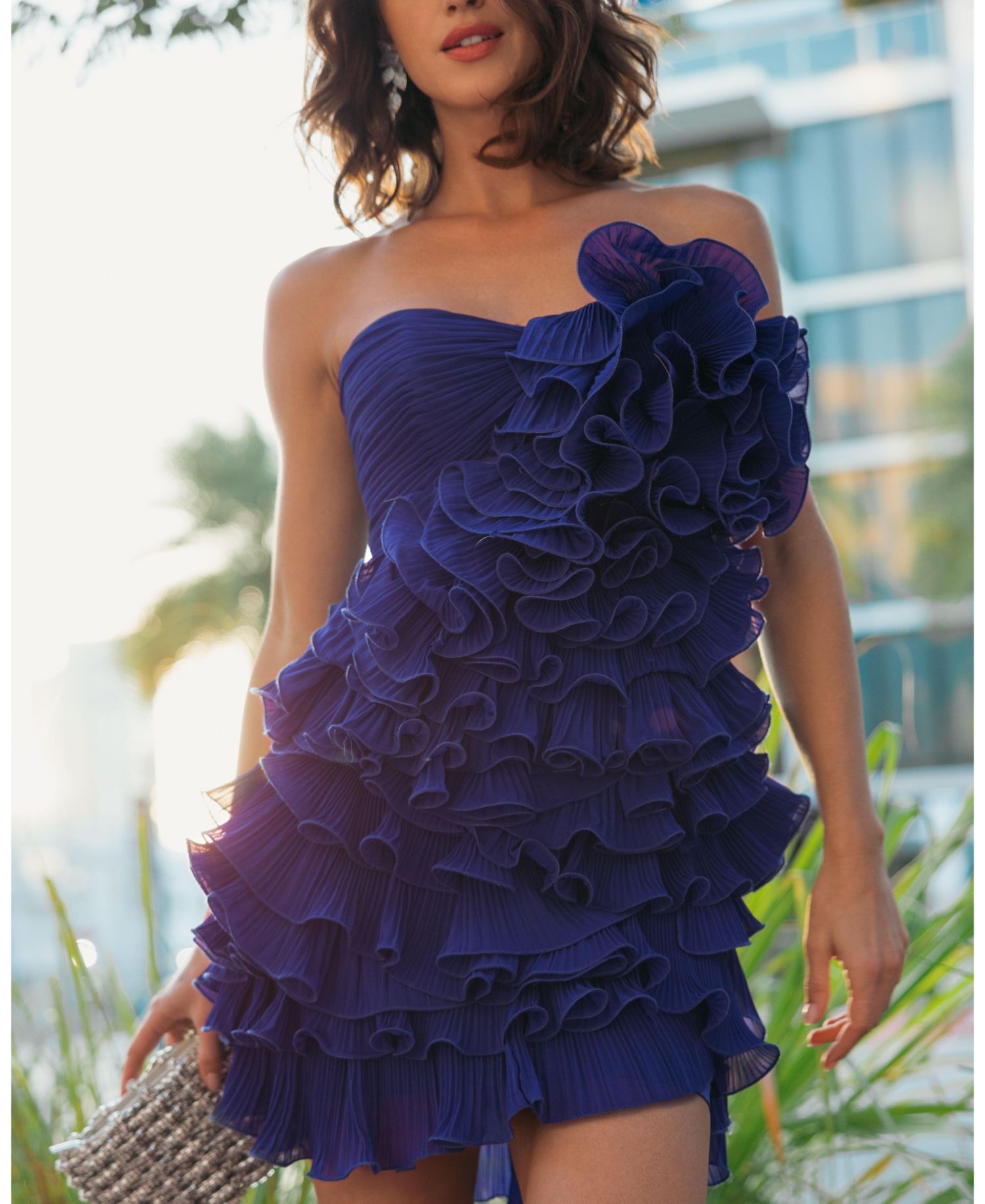 Women's Strapless Tiered Ruffle Chiffon Mini Dress