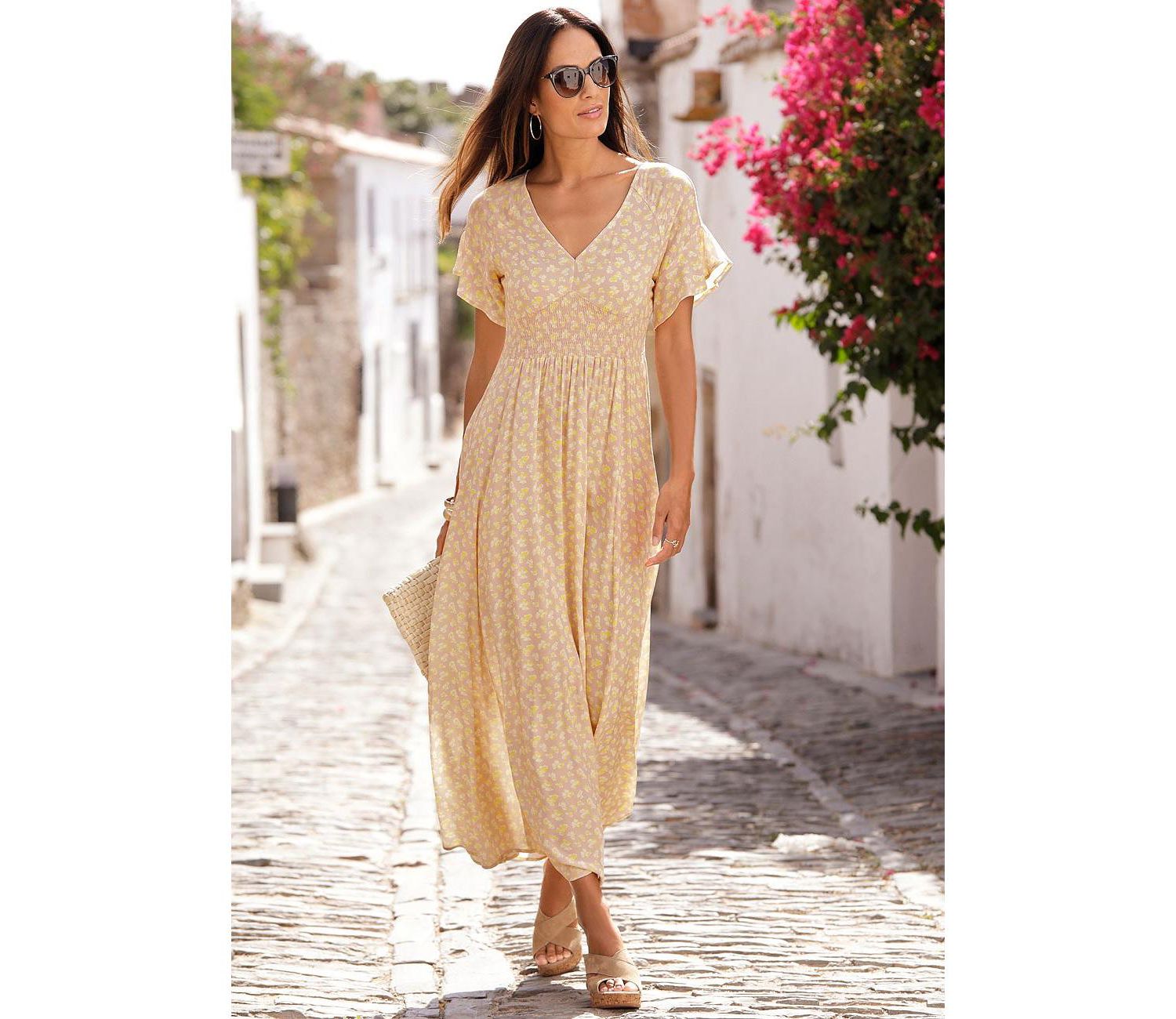 Women's Viscose Floral Print Ruffle-Trim Style V-Neck Maxi Dress