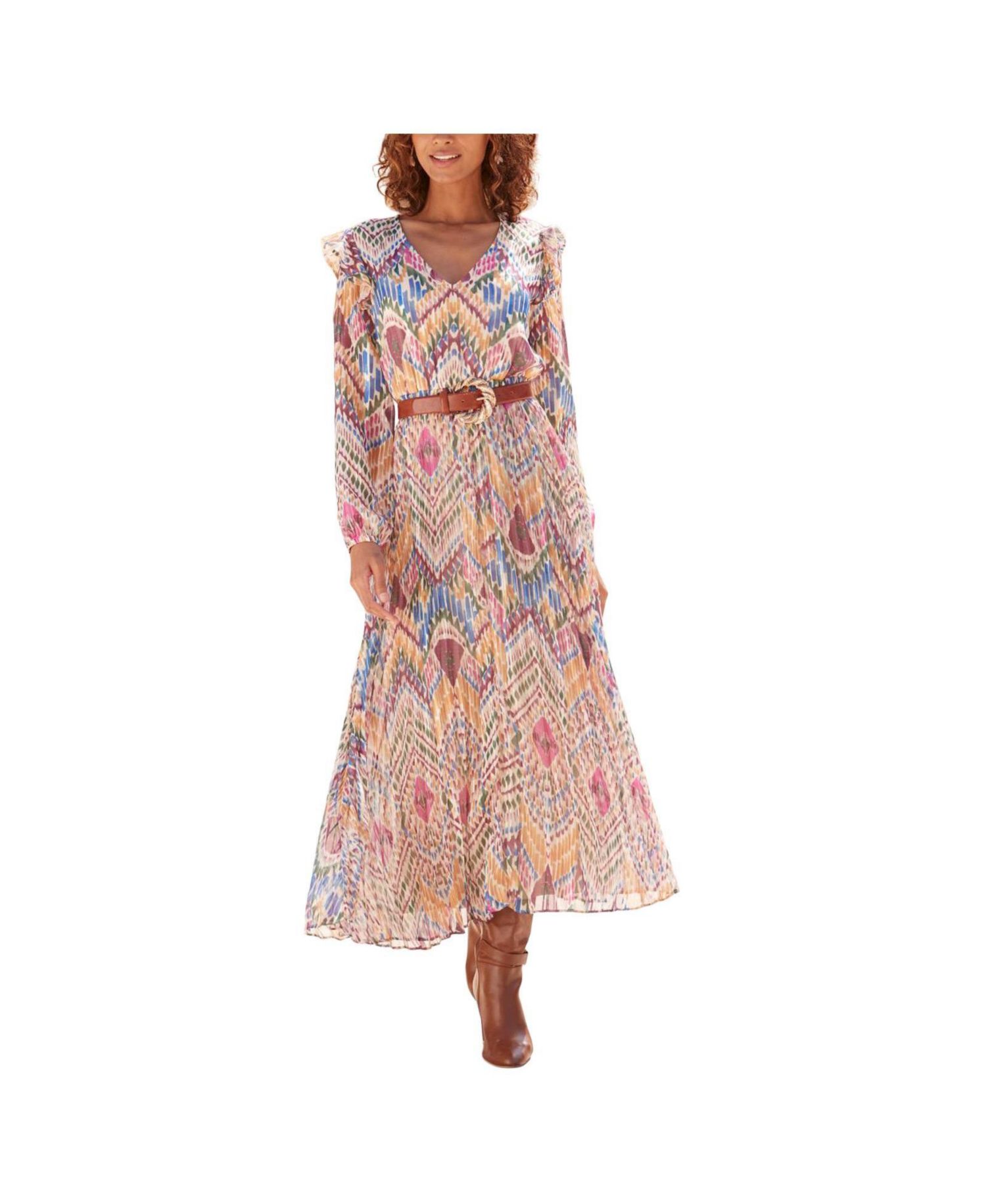 Women's Printed Pleated Ruffle-Trim V-Neck Smocked-Waist Maxi Dress