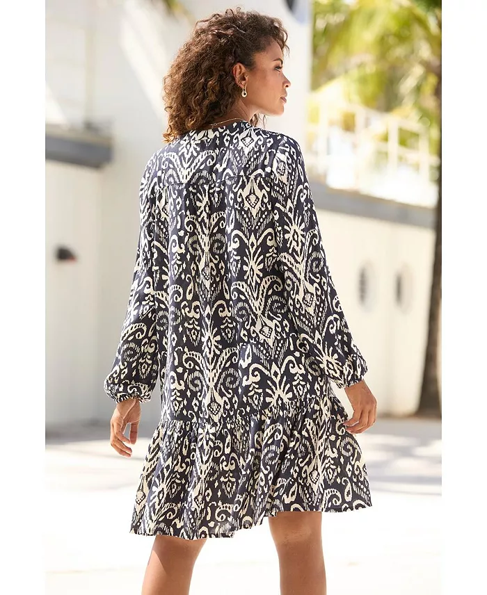 Women's Viscose Printed Tunic Ruffle-Trim Notch-Neck Short Dress - thumbnail 4