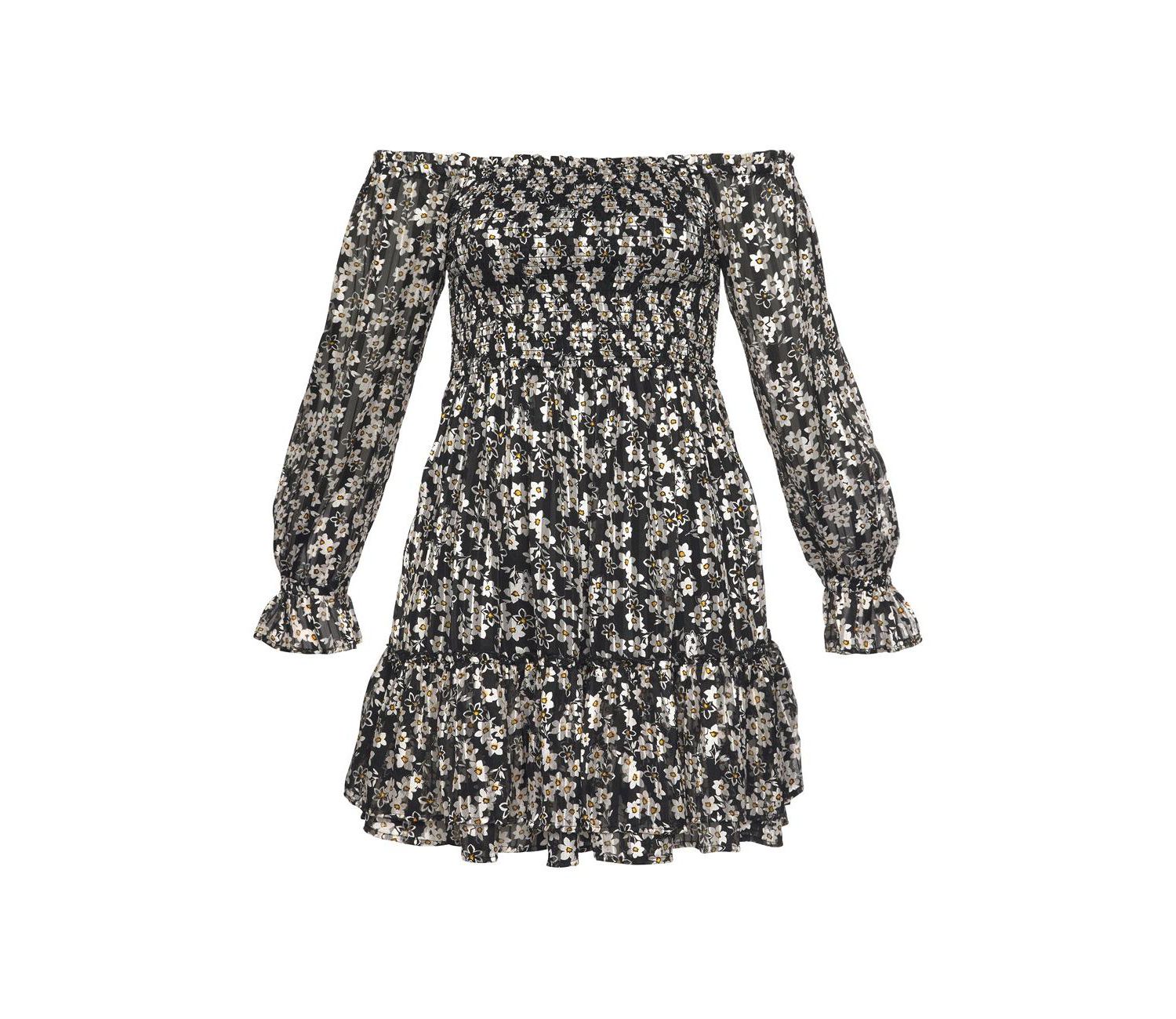 Women's Floral Print Off Shoulder Lace Ruffle-Trim Short Dress