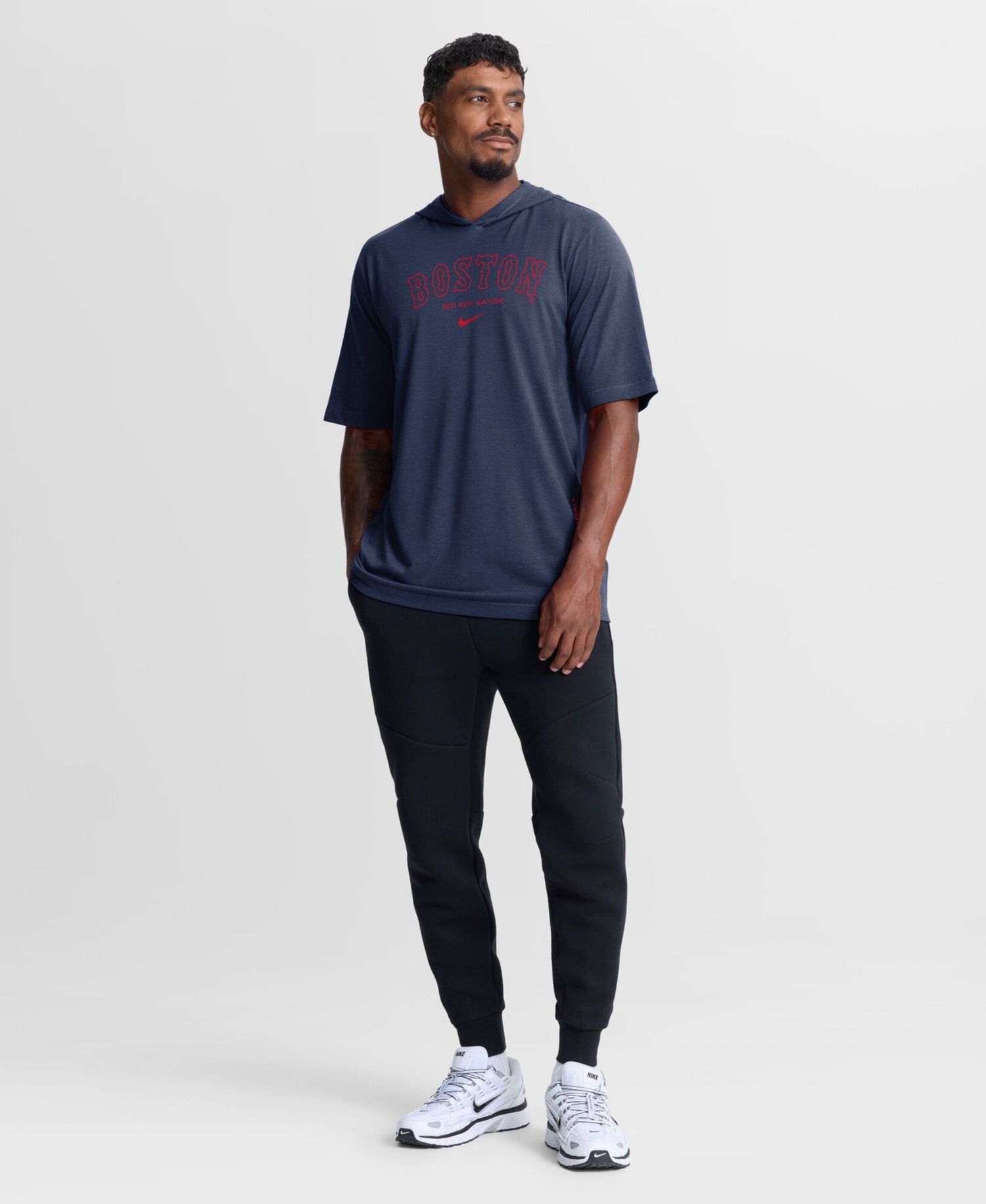 Men's Navy Boston Red Sox Arched Wordmark Tri-Blend Hooded T-Shirt