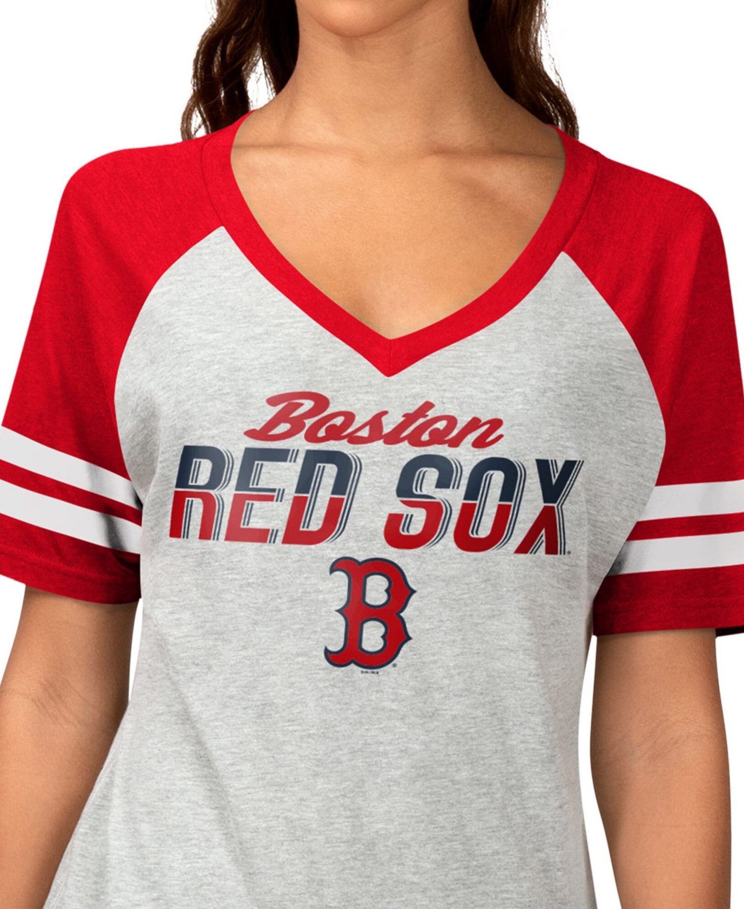 Women's Heather Gray Boston Red Sox Goal Line Raglan V-Neck T-Shirt