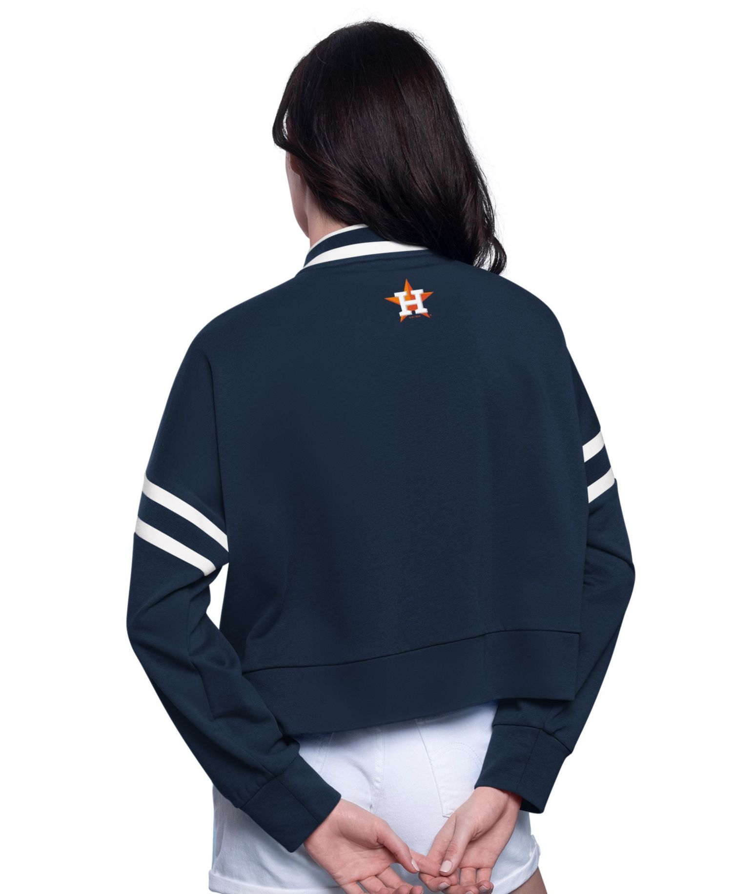 Women's Navy Houston Astros Power Play Cropped Pullover Sweatshirt