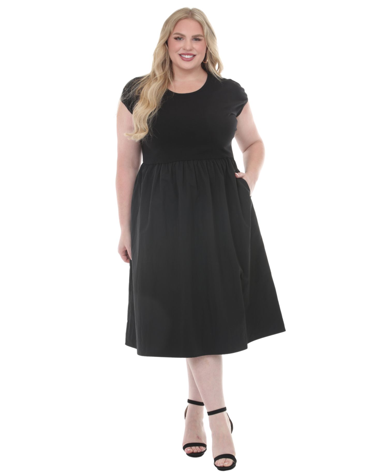 Plus Size Ultrasoft Cotton Knit to Woven Midi Dress