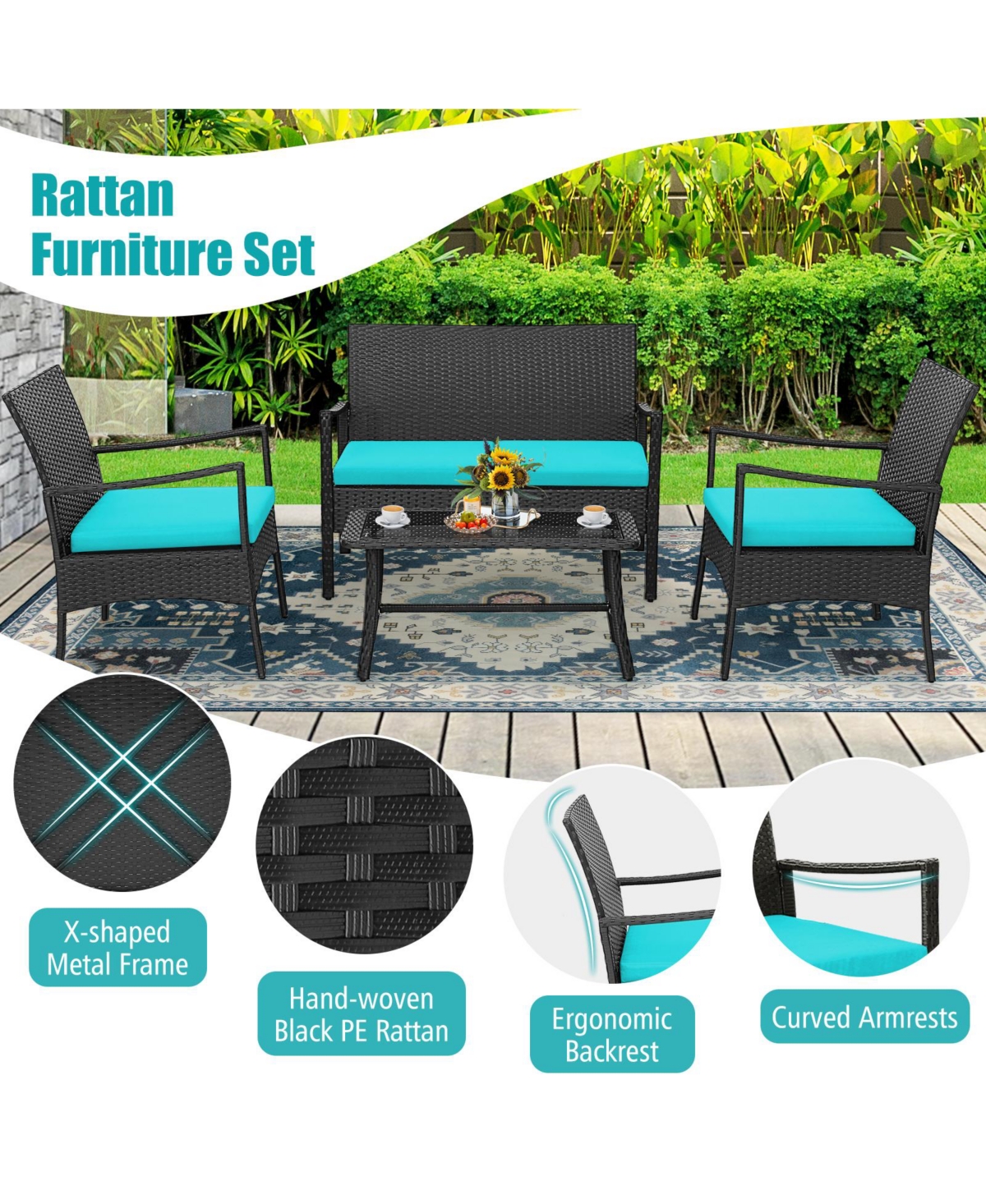 Costway 8Piece Patio Wicker Furniture Set Cushioned Chairs and Loveseat with Coffee Table Garden