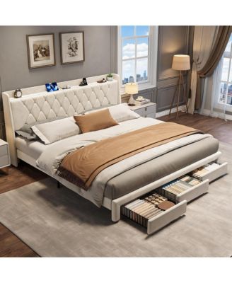 King Size Bed Frame with Storage, Velvet Upholstered Platform Bed Frame with Crystal Tufted Headboard, Charging Station