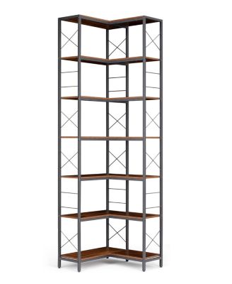 7-Tier Industrial Corner Bookshelf Freestanding L-Shaped Metal and Wood Bookcase with Adjustable Feet Space-Saving Display Storage Rack