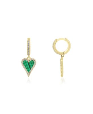 Mini Malachite CZ Halo Heart Dangle Earrings 14K Gold-Plated Sterling Silver