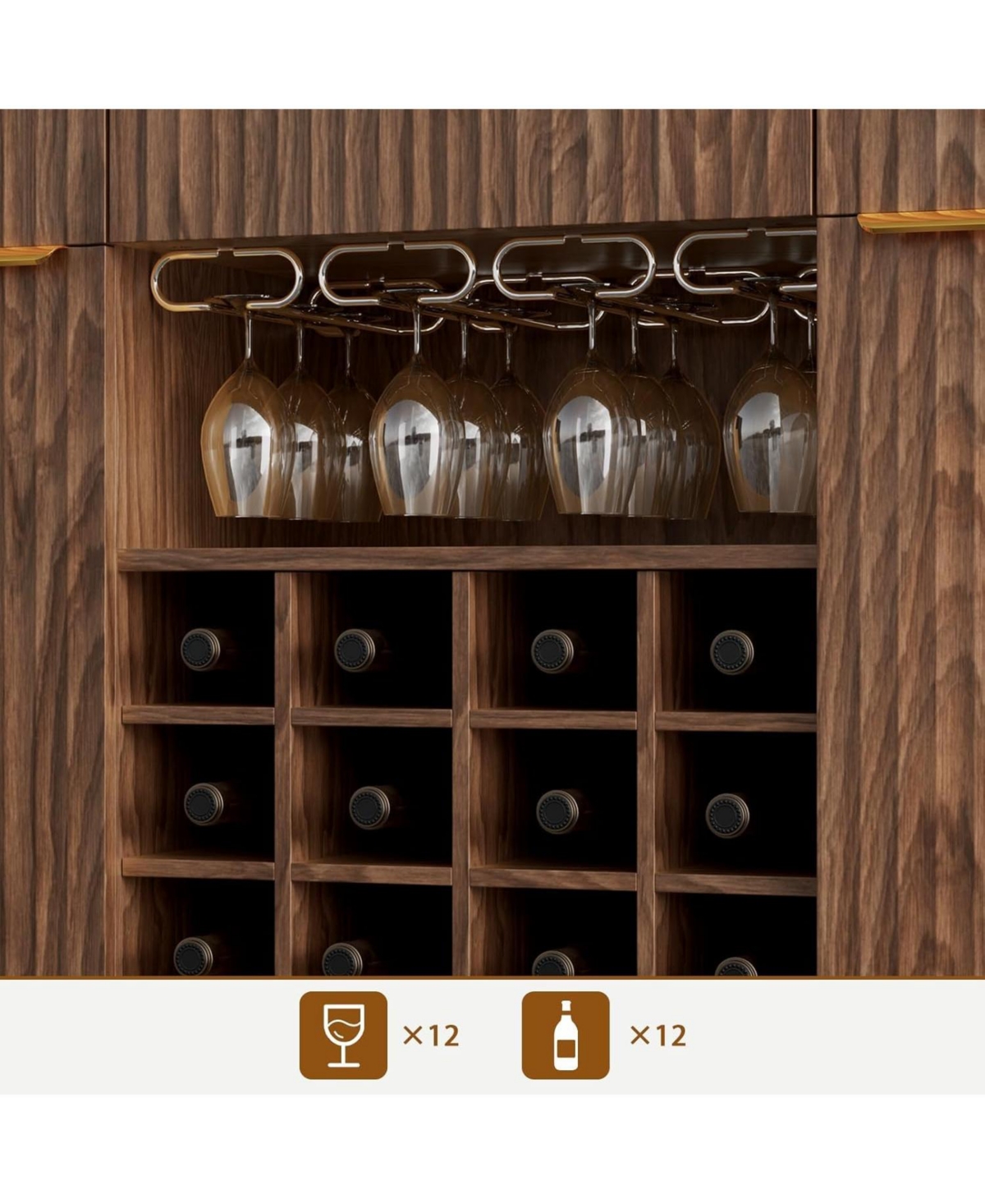 homfan 60" Wide Fluted Wine Bar Cabinet with 2 Side Cabinets, 3 Drawers, 4 Glass Holders and 12 Racks, Modern Buffet Sideboard Storage