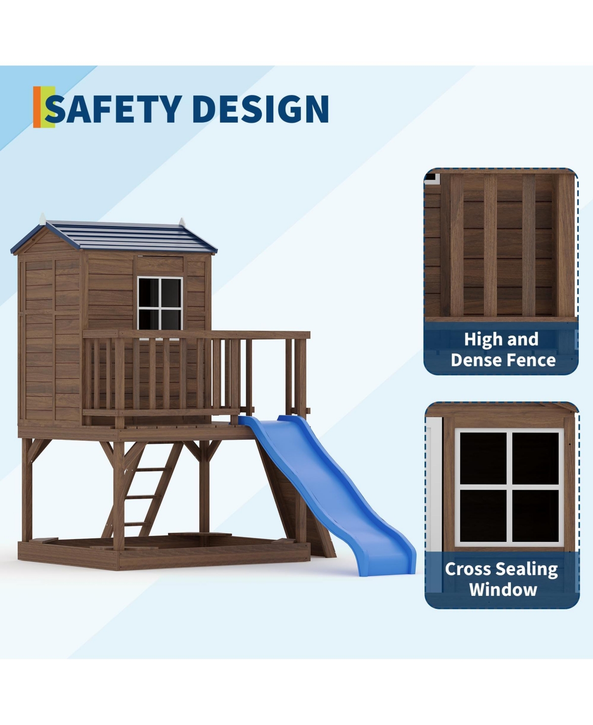 homfan Kids Outdoor Playhouse with Sandbox, 89 Inch 2 Story Wooden Playhouse with Slide and Step Ladder for Backyard