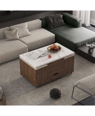 Modern Lift-Up Coffee Table with 2 Stools Set for Living Room Expandable Hidden Storage and Drawers